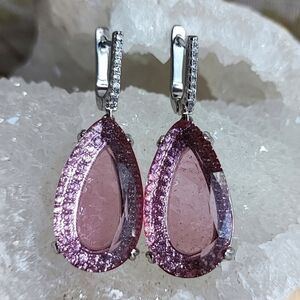 Pink Faceted Glass or Acrylic Teardrop Silver Tone Pierced Earrings
